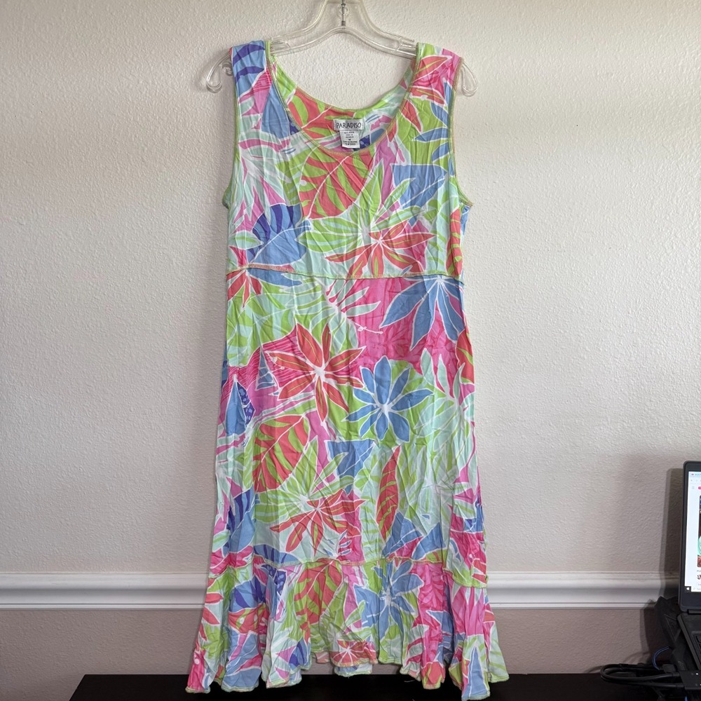 Paradiso Tank Dress Women's‎ Medium Tropical Print Drop Waist Ruffle Summer
